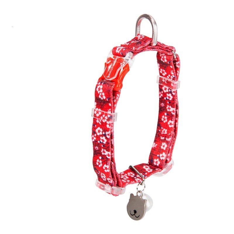 HKM-257363 Fragmented Flower Pattern Cat Collar with Aluminum Buckle and Cat Bell - Available in Blue and Red