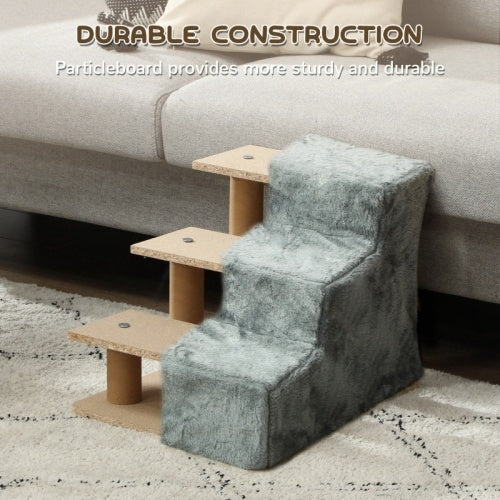 HKM-258003 Three-Step Dog Stairs with Washable Plush Cover for Small Pets, Light Grey