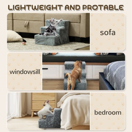 HKM-258003 Three-Step Dog Stairs with Washable Plush Cover for Small Pets, Light Grey