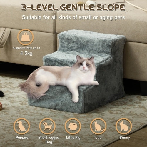 HKM-258003 Three-Step Dog Stairs with Washable Plush Cover for Small Pets, Light Grey