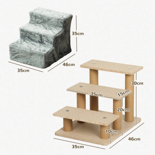 HKM-258003 Three-Step Dog Stairs with Washable Plush Cover for Small Pets, Light Grey