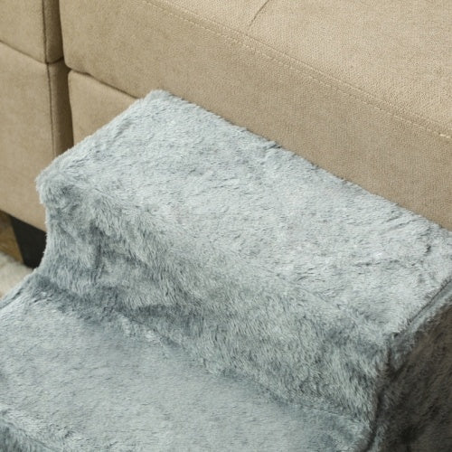 HKM-258003 Three-Step Dog Stairs with Washable Plush Cover for Small Pets, Light Grey