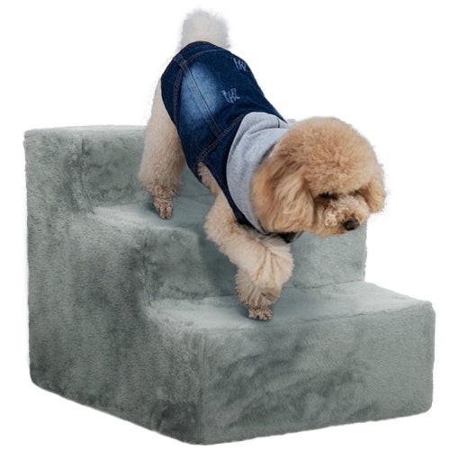 HKM-258003 Three-Step Dog Stairs with Washable Plush Cover for Small Pets, Light Grey