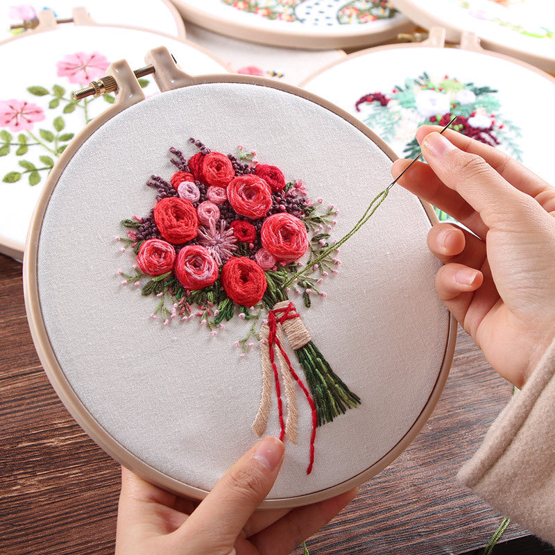 HKM-258643 Handmade Embroidery Kit for Decorative Wall Art - 15cm Bamboo Frame, Complete Accessories Included