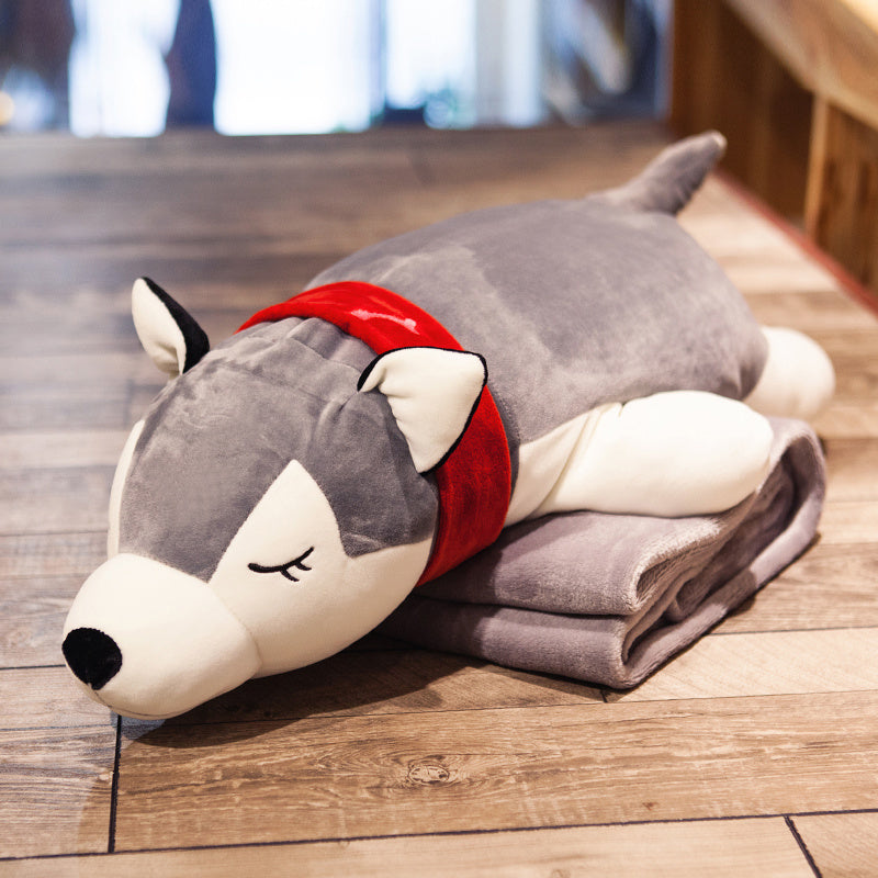 HKM-258771 Husky Cartoon Plush Nap Pillow and Air Conditioning Blanket in Coral Fleece, 70cm x 1.7m
