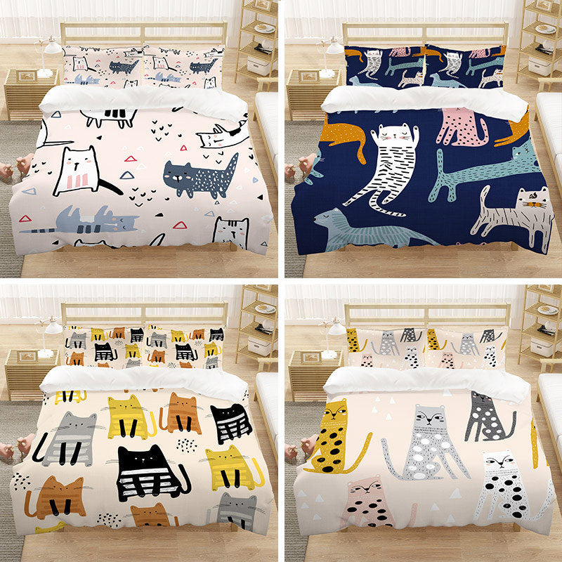 HKM-258963 Cartoon Cat Nordic Style Three-Piece Duvet Cover Set, Multiple Sizes Available