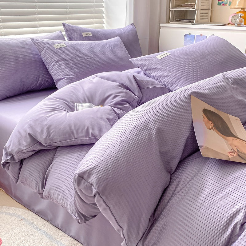 HKM-259475 Brushed Waffle Four Piece Bedding Set in Solid Colors for Modern Minimalist Style