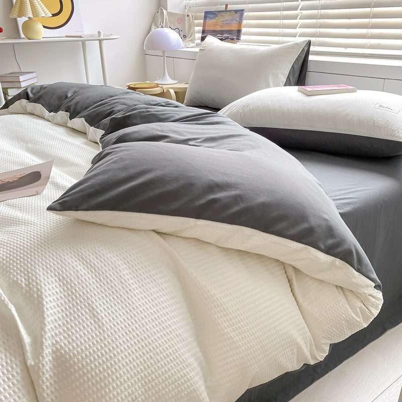 HKM-259475 Brushed Waffle Four Piece Bedding Set in Solid Colors for Modern Minimalist Style
