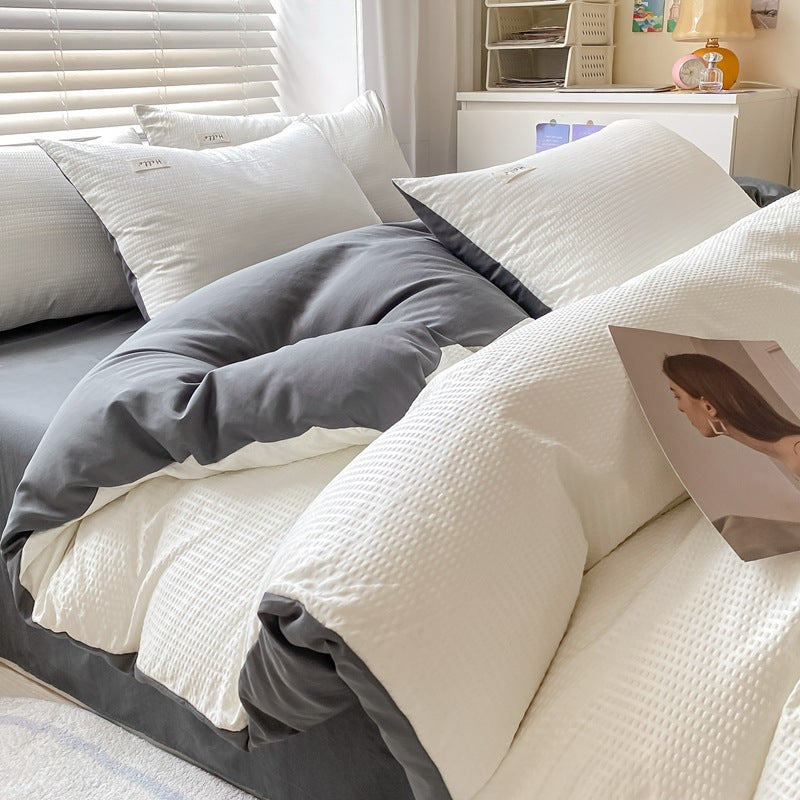 HKM-259475 Brushed Waffle Four Piece Bedding Set in Solid Colors for Modern Minimalist Style