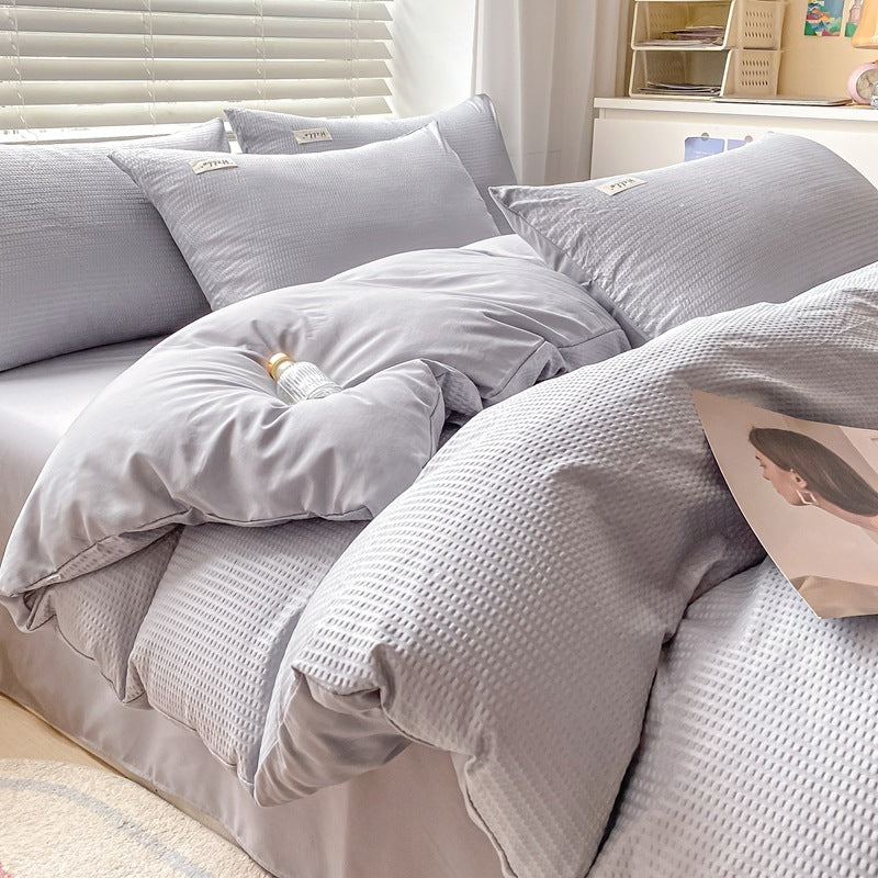 HKM-259475 Brushed Waffle Four Piece Bedding Set in Solid Colors for Modern Minimalist Style