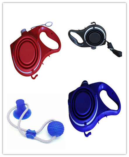 HKM-259667 Durable Dog Leash with Water Bottle and Cup - Available in Red, Black, or Blue