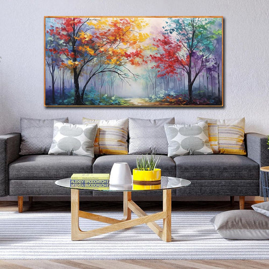 HKM-259731 Colorful Abstract Tree Oil Painting – Hand-Painted Late Autumn Forest Landscape Canvas Art for Home Decor