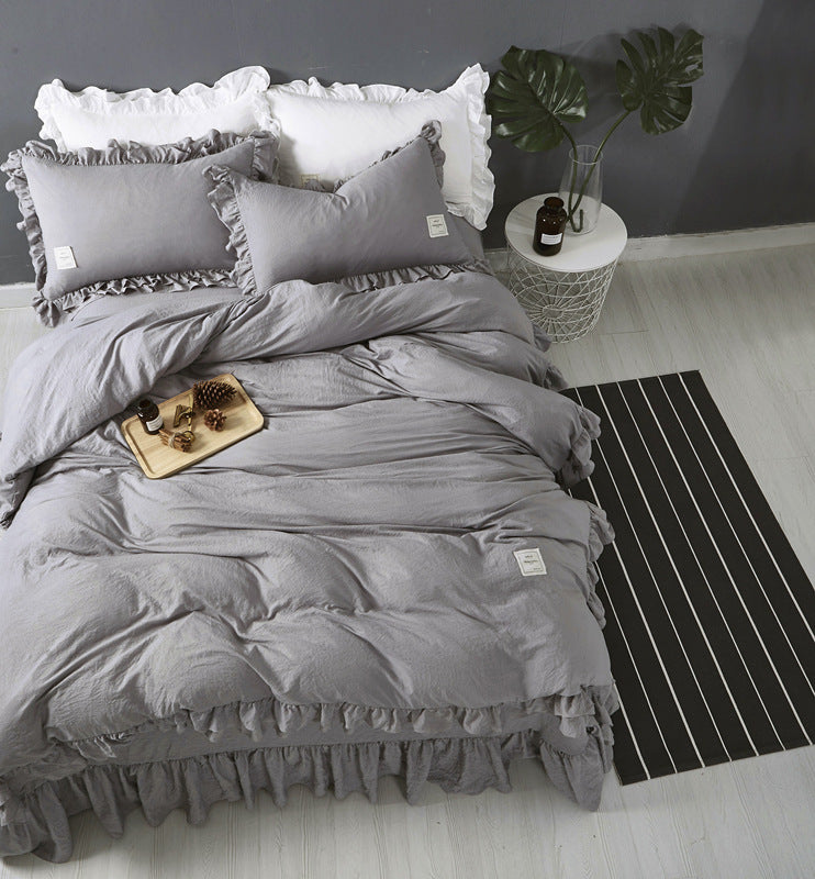 HKM-260115 Washed Cotton Ruffle Bedding Set – 4-Piece Duvet Cover, Sheet & Pillowcases