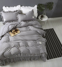 HKM-260115 Washed Cotton Ruffle Bedding Set – 4-Piece Duvet Cover, Sheet & Pillowcases