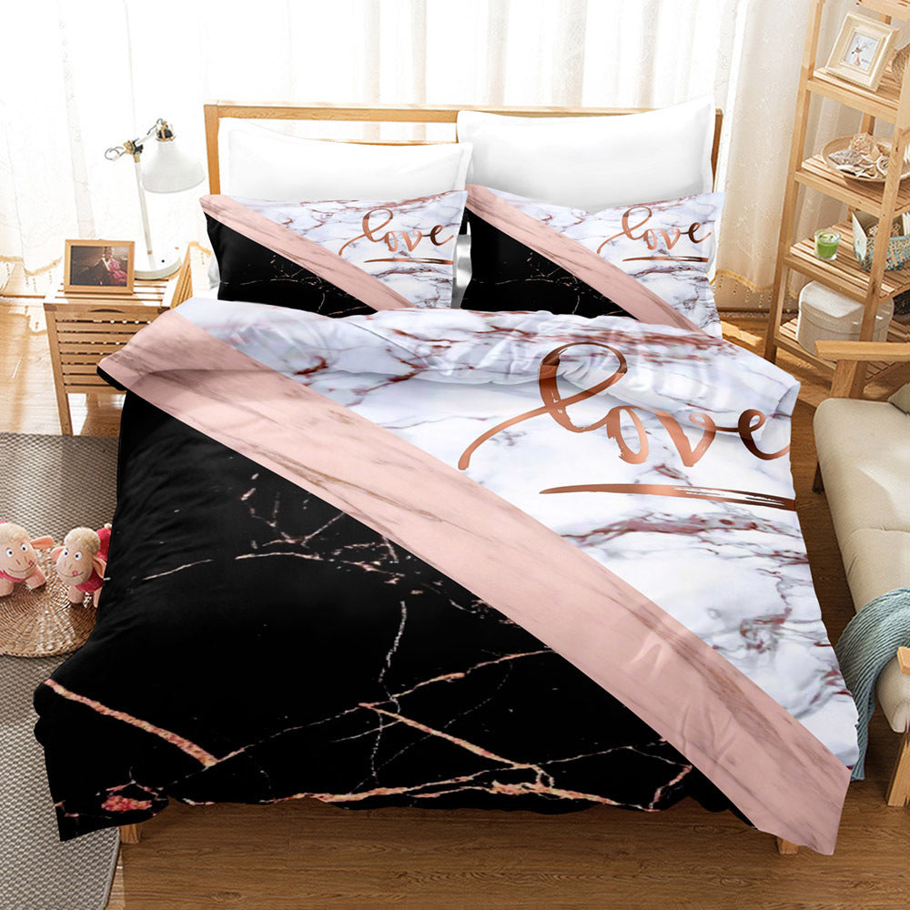 HKM-260563 Art Marble Linen Sheet Sets - Digital Printed, Brushed Chemical Fiber, Multiple Sizes Available