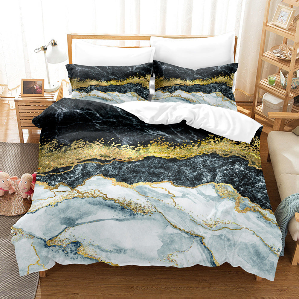 HKM-260563 Art Marble Linen Sheet Sets - Digital Printed, Brushed Chemical Fiber, Multiple Sizes Available