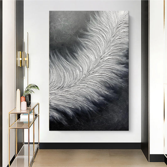 HKM-260883 Hand-Painted Black and White Abstract Feather Oil Painting on Canvas - Modern Thick Texture Art for Home Decor