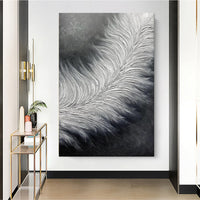 HKM-260883 Hand-Painted Black and White Abstract Feather Oil Painting on Canvas - Modern Thick Texture Art for Home Decor