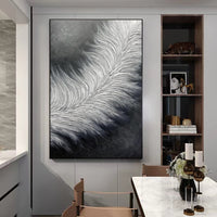 HKM-260883 Hand-Painted Black and White Abstract Feather Oil Painting on Canvas - Modern Thick Texture Art for Home Decor
