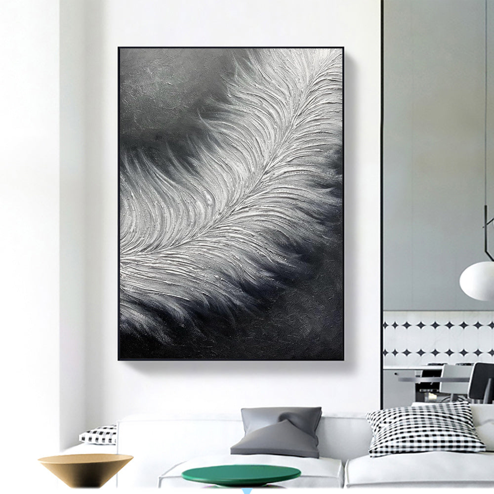 HKM-260883 Hand-Painted Black and White Abstract Feather Oil Painting on Canvas - Modern Thick Texture Art for Home Decor