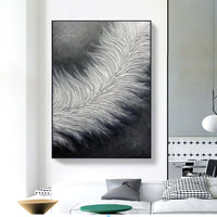 HKM-260883 Hand-Painted Black and White Abstract Feather Oil Painting on Canvas - Modern Thick Texture Art for Home Decor