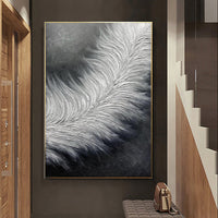 HKM-260883 Hand-Painted Black and White Abstract Feather Oil Painting on Canvas - Modern Thick Texture Art for Home Decor