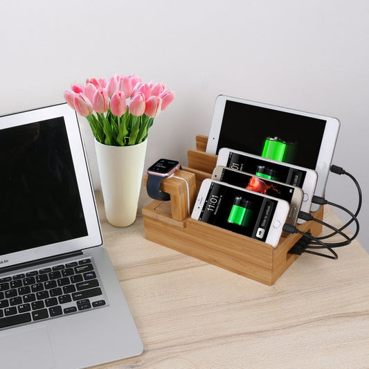 HKM-261011 Wooden Bamboo Mobile Phone and Tablet Charging Stand for iPhone and Universal Devices