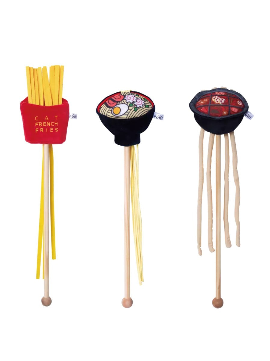 HKM-261139 Funny Cat Stick Toy – Plush Hot Pot Ramen & French Fries Design, 400mm X 90mm