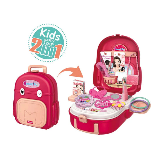KTX-261779 Beauty Backpack Makeup Dressing Table Toy for Girls, 2-in-1 Pretend Play Set