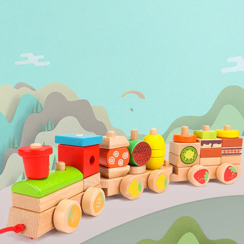 HKM-262675 Wooden 3D Fruit Train Puzzle for Kids - Educational DIY Toy with Geometric Blocks, Ages 2-4