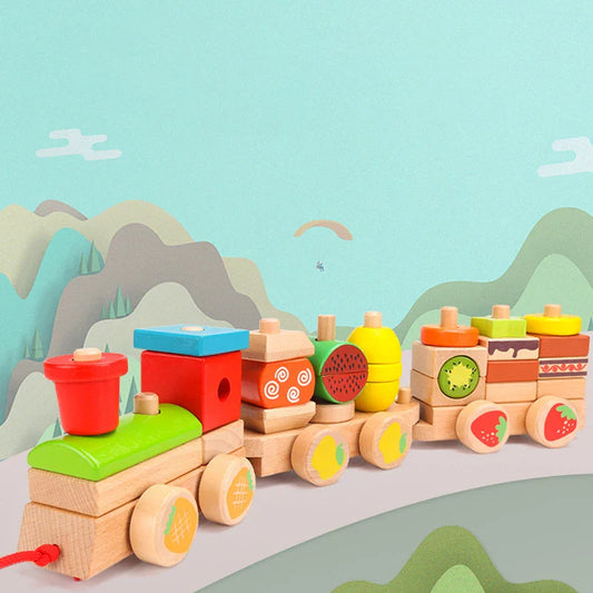 HKM-262675 Wooden 3D Fruit Train Puzzle for Kids - Educational DIY Toy with Geometric Blocks, Ages 2-4