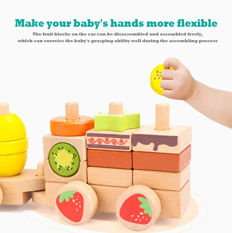 HKM-262675 Wooden 3D Fruit Train Puzzle for Kids - Educational DIY Toy with Geometric Blocks, Ages 2-4