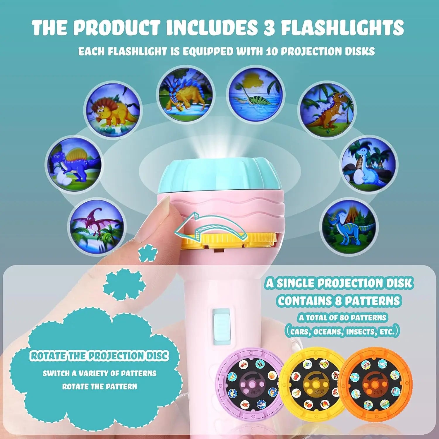 HKM-262739 Customizable Cartoon Projector Flashlight Storybook for Kids – Fruit & Animal Themes