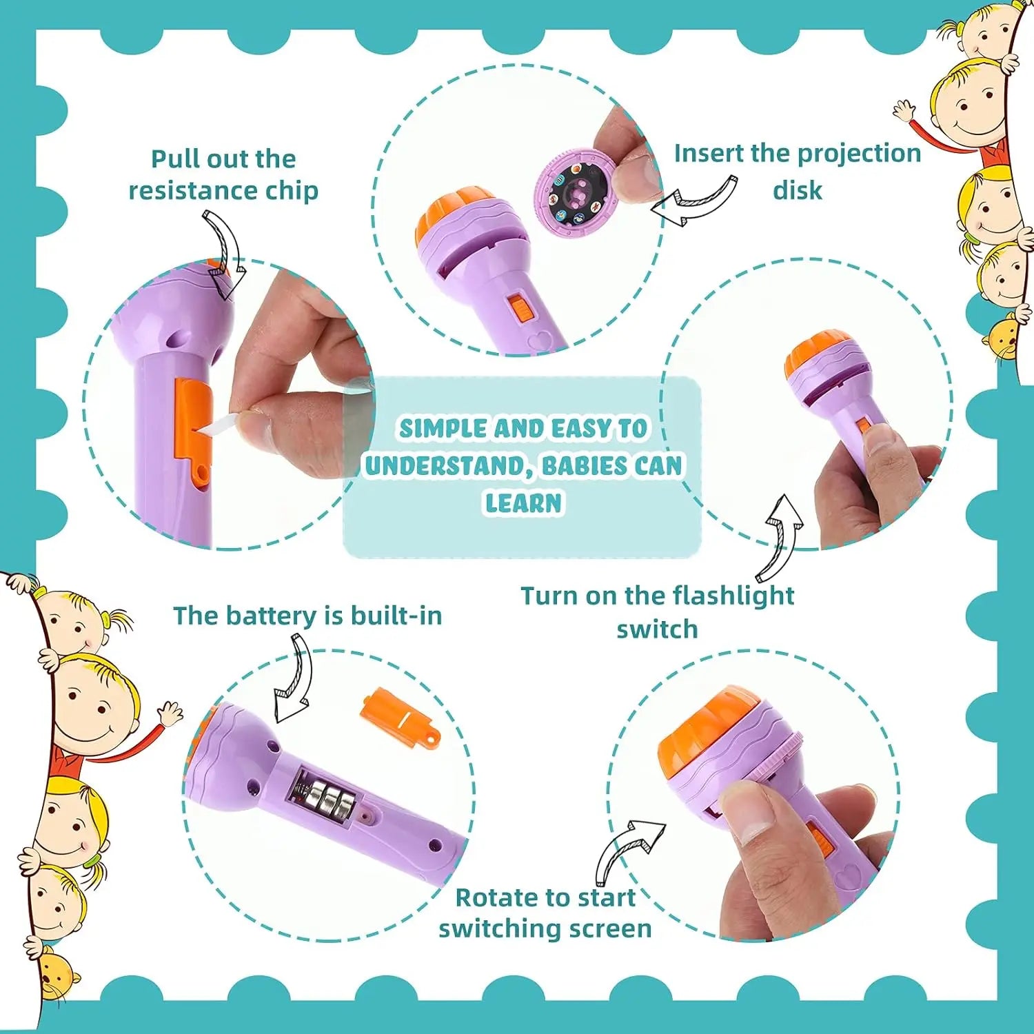HKM-262739 Customizable Cartoon Projector Flashlight Storybook for Kids – Fruit & Animal Themes