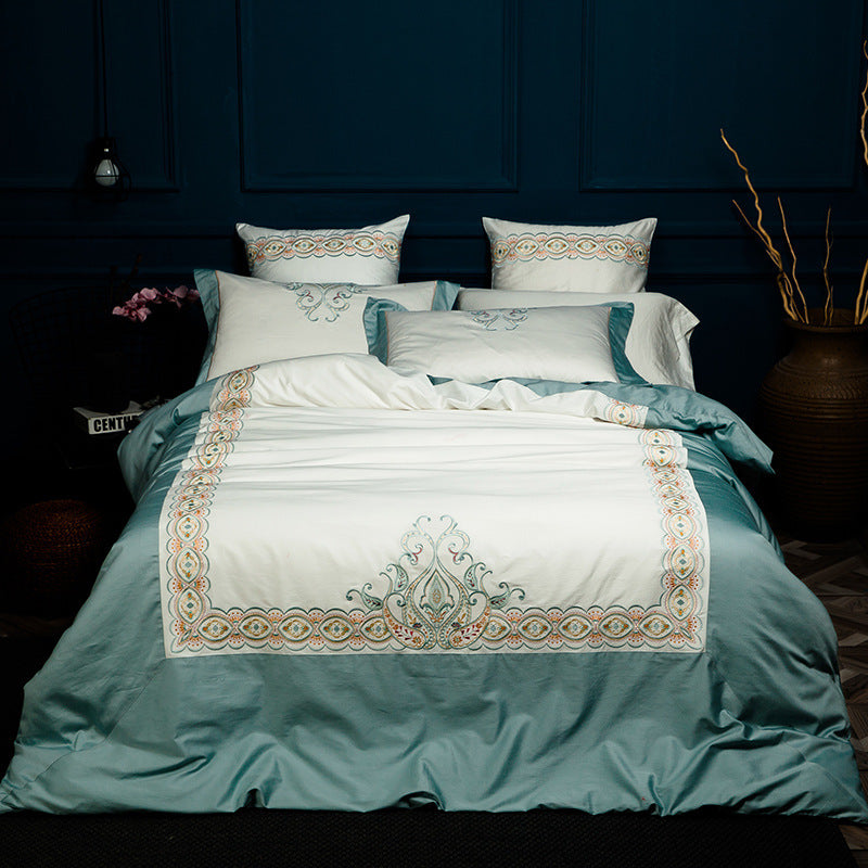 HKM-263251 Solid Color Long-Staple Cotton Bedding Set with Embroidery Accents
