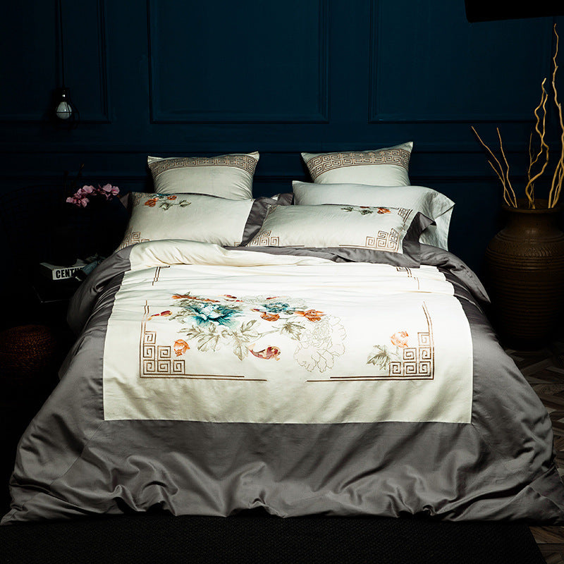 HKM-263251 Solid Color Long-Staple Cotton Bedding Set with Embroidery Accents