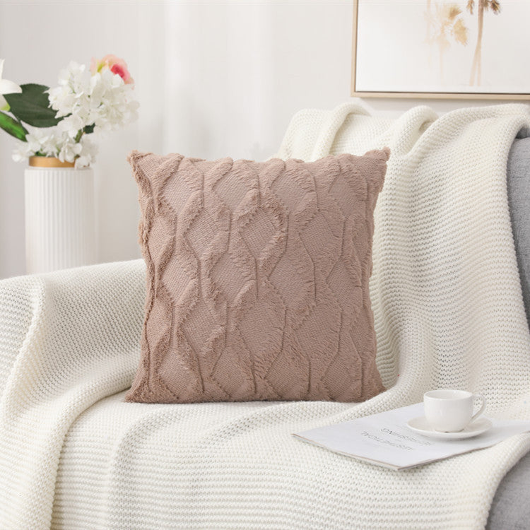 HKM-263315 Solid Color Rabbit Hair Quilted Pillow Cover - 45x45cm, Available in Khaki, Leather Powder, White, Gray