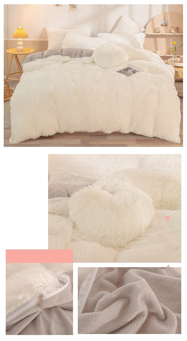 HKM-263571 Thick Warm Mink Fur Plush 4-Piece Bedding Set with Tie-Dyed Design and Rhinestone Accents