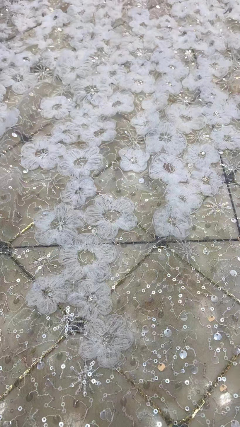 HKM-264083 Embroidered Mesh 3D Dress Fabric with Beads - 5 Yards in Various Colors
