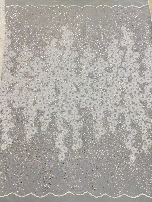 HKM-264083 Embroidered Mesh 3D Dress Fabric with Beads - 5 Yards in Various Colors