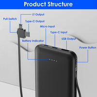 HKM-264275 10000mAh Portable Power Bank with Dual USB-C and LT Cable for Fast Charging All Smartphones and Tablets