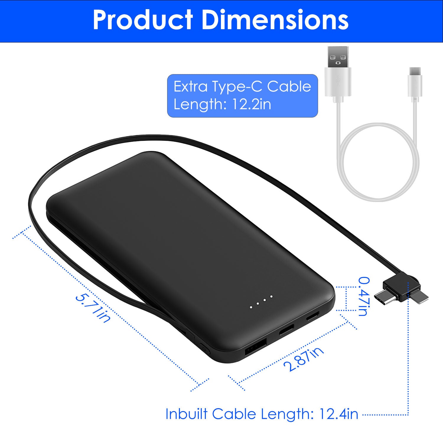 HKM-264275 10000mAh Portable Power Bank with Dual USB-C and LT Cable for Fast Charging All Smartphones and Tablets