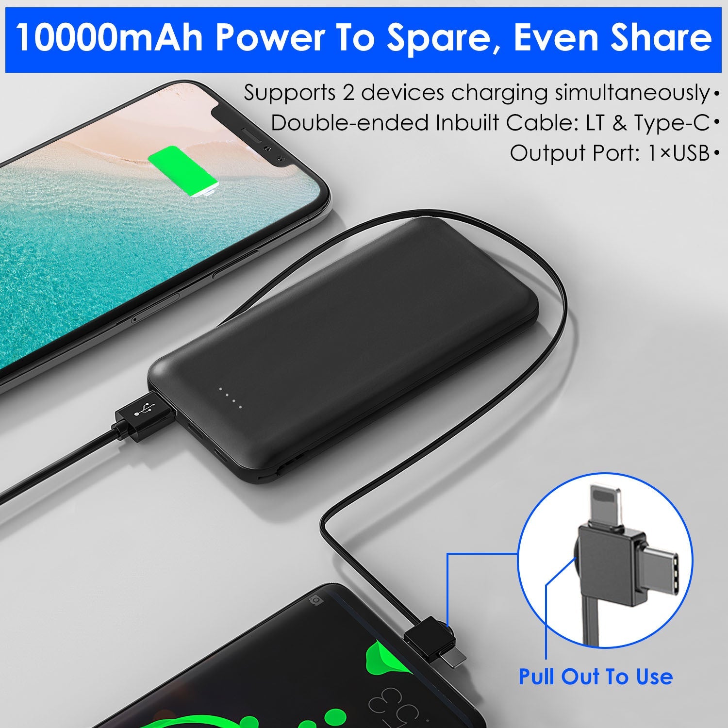HKM-264275 10000mAh Portable Power Bank with Dual USB-C and LT Cable for Fast Charging All Smartphones and Tablets