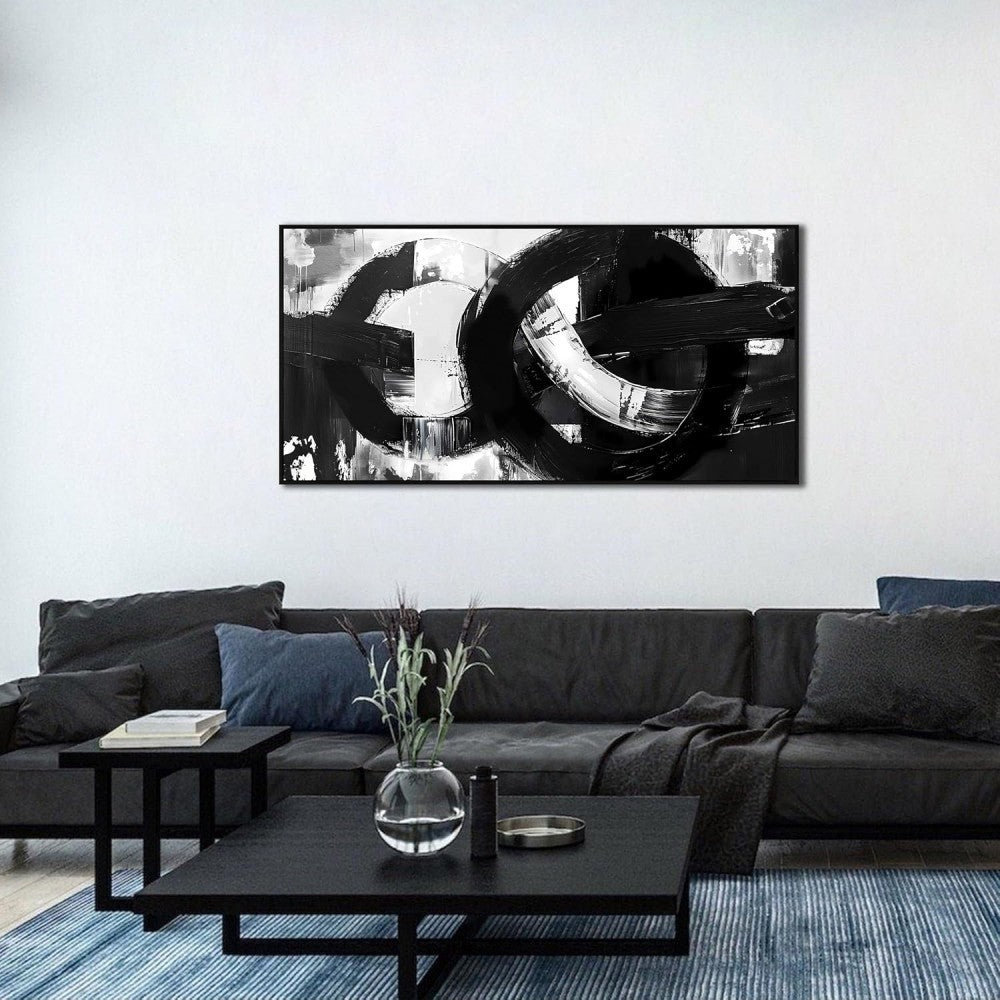 KTX-264339 Handmade Black and White Abstract Oil Painting on Canvas - Unframed Art for Living Room Decor