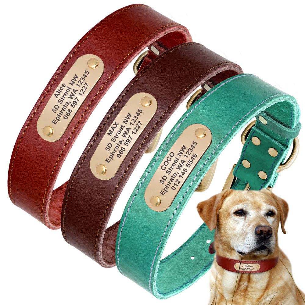 HKM-264595 Personalized Leather Dog Collars with Custom Nameplate for Medium to Large Breeds