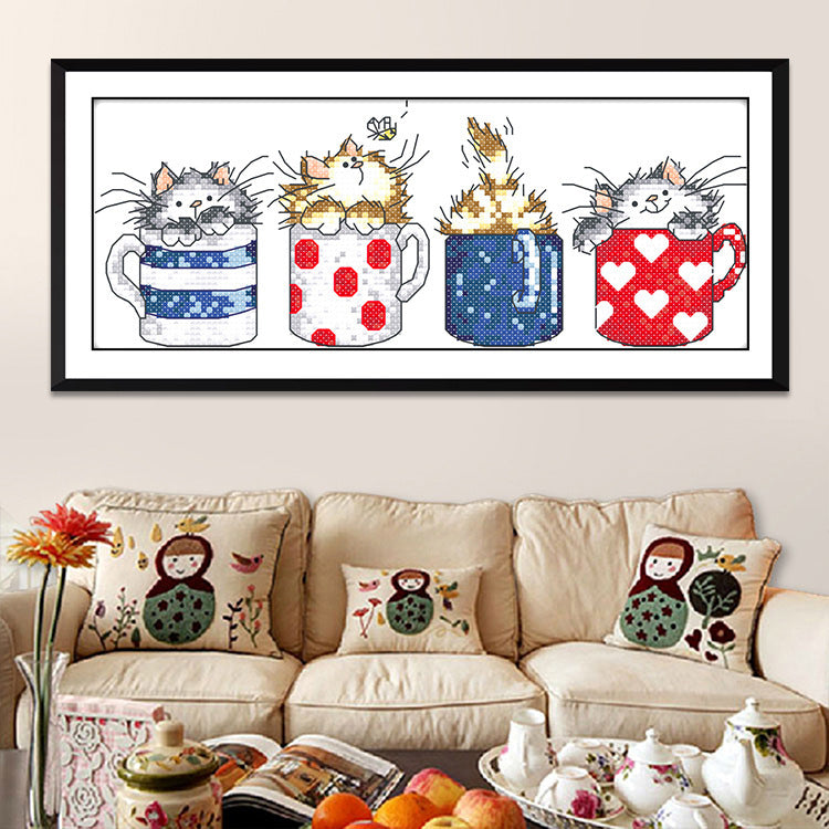 HKM-267539 Kitten in Cup Cartoon Cross Stitch Kit - Eco and Egyptian Cotton Embroidery Options Available