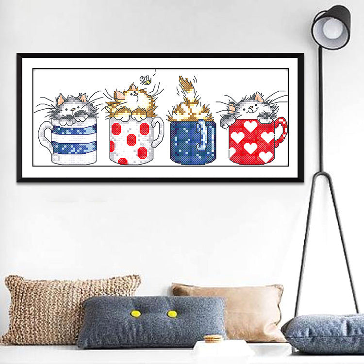 HKM-267539 Kitten in Cup Cartoon Cross Stitch Kit - Eco and Egyptian Cotton Embroidery Options Available
