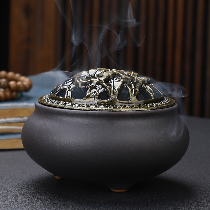 HKM-268627 Ceramic Incense Burner with Copper Lid and Antique Alloy Wire, Buddha Design, 9.5cm Diameter, 7cm Height