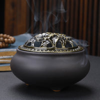 HKM-268627 Ceramic Incense Burner with Copper Lid and Antique Alloy Wire, Buddha Design, 9.5cm Diameter, 7cm Height