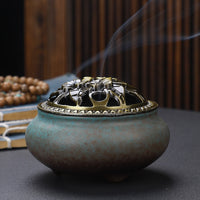 HKM-268627 Ceramic Incense Burner with Copper Lid and Antique Alloy Wire, Buddha Design, 9.5cm Diameter, 7cm Height